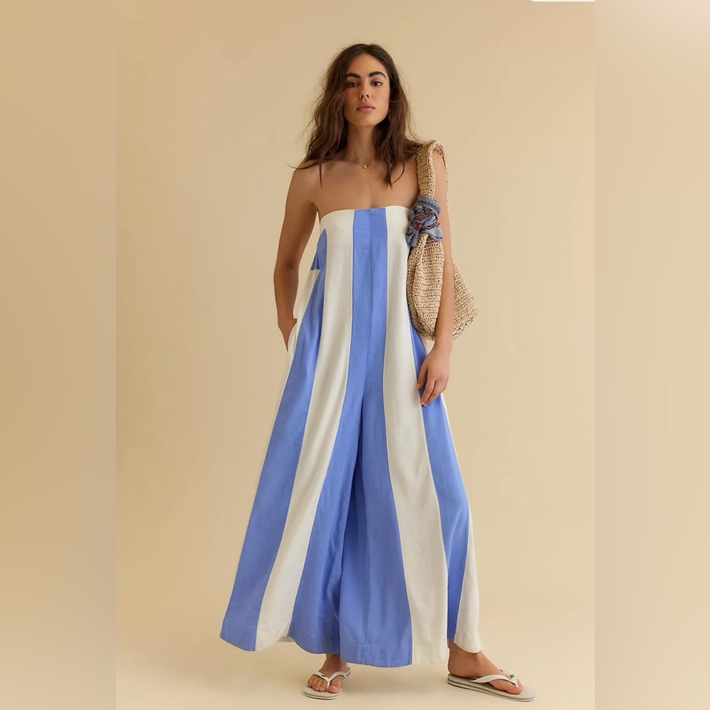 Free People Blue and White Vertical Stripe wide leg Jumpsuit